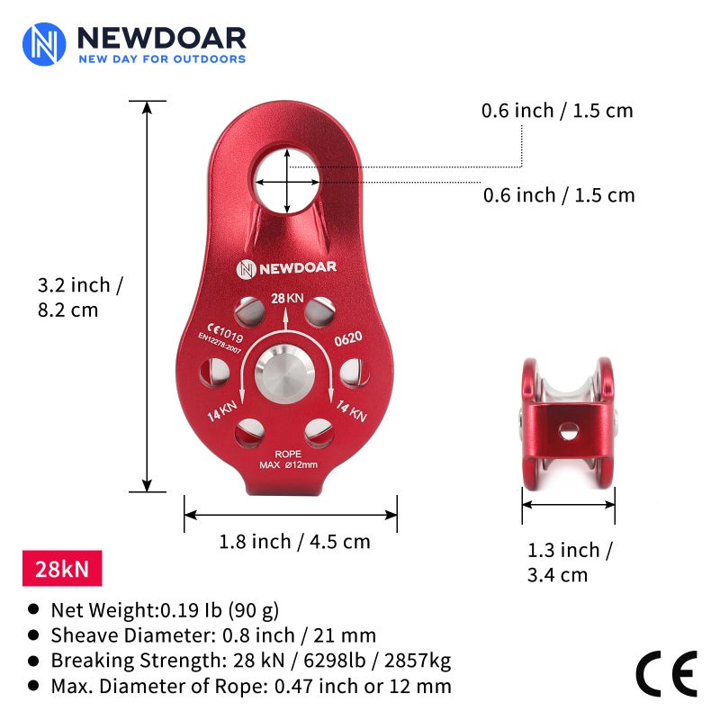 NewDoar Fixed Plate Micro Pulley,28KN CE Certified General Purpose Small Aluminum Rope Pulleys for Climbing/Aloft Work/Rappelling/Rescue Etc(28KN Red 2pcs) - Image 2